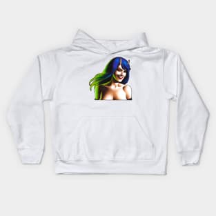 Devilish girl with horns and blue hair Kids Hoodie